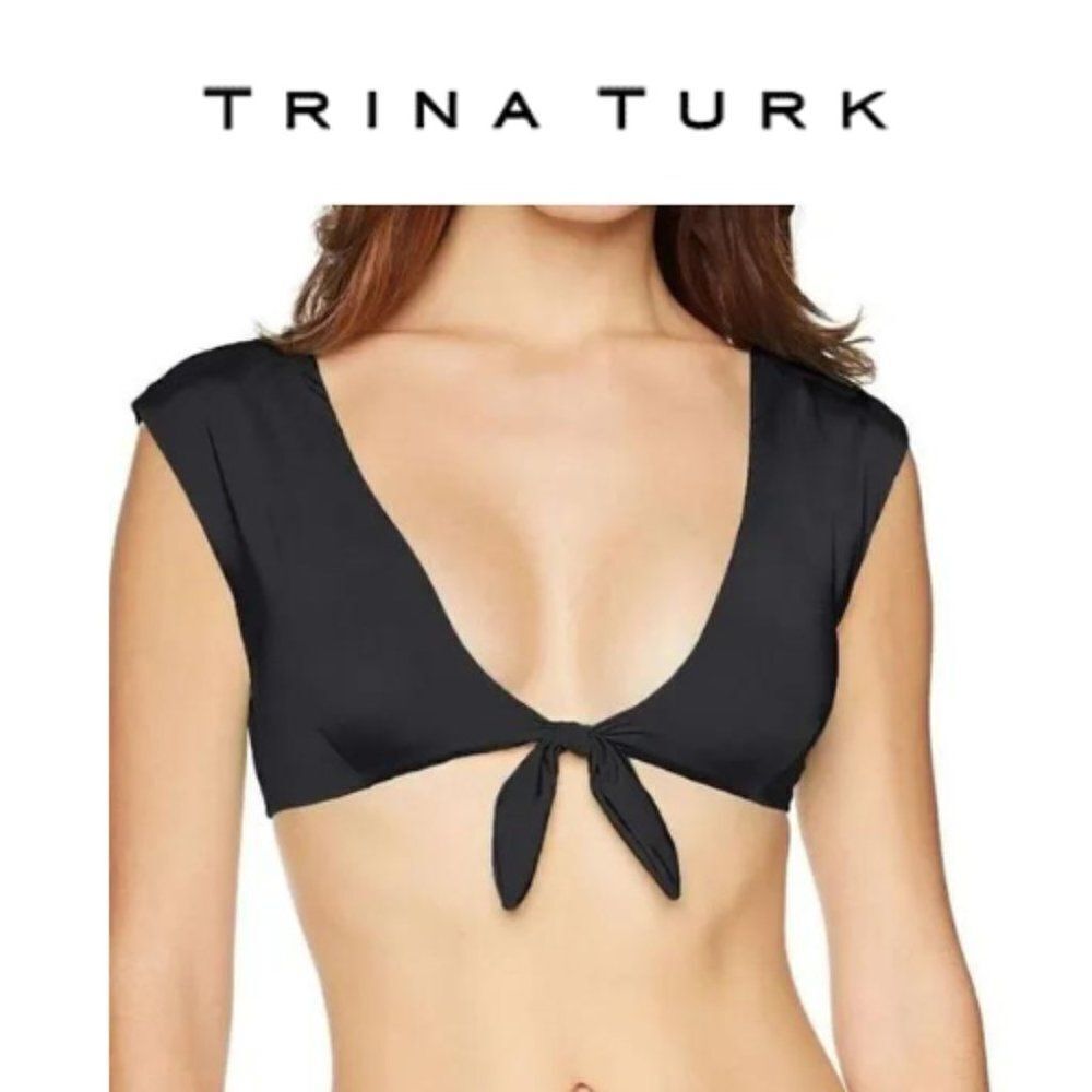 Trina Turk Women's Standard Tie Front Cap Sleeve Black Bikini Swimsuit T…